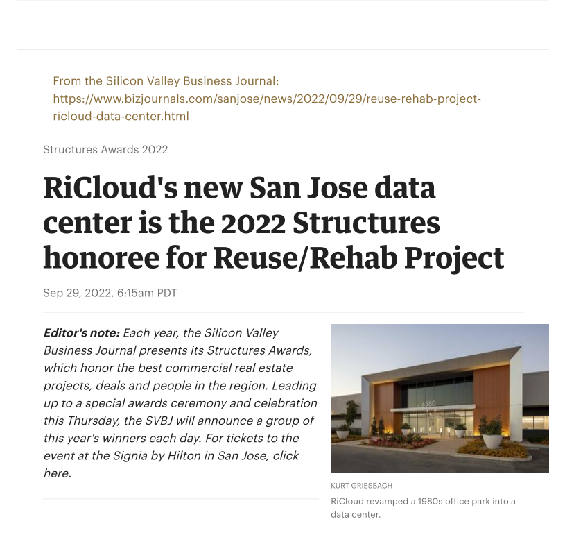 RiCloud's San Jose data center is the 2022 Structures honoree forReuse_1-3.png